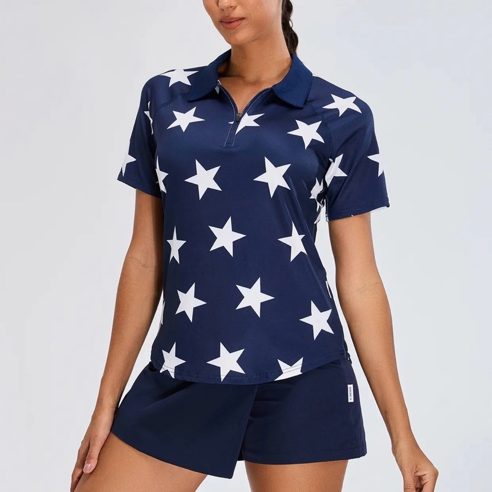Soneven 1/4 Zip Short Sleeve Collared Golf Tennis Top in Blue with Stars‎ Size S